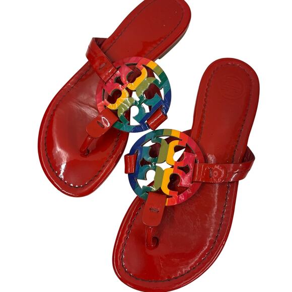 Tory Burch Sandals Ruby Red Rainbow Patented Leather Miller Sandals Size 5.5 - Picture 1 of 5
